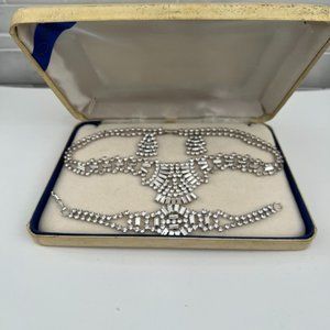 Vintage Icy Crystal Rhinestone Parure Set Necklace Bracelet Earrings Prom Bridal